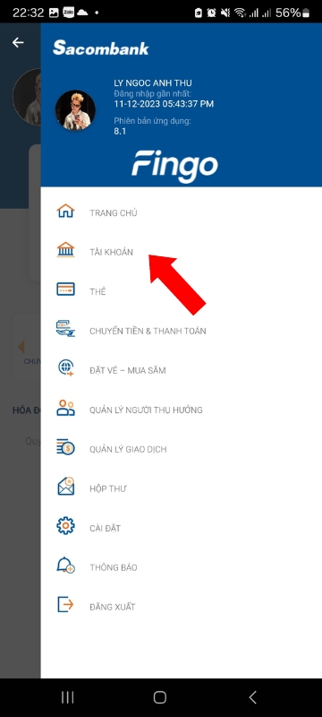Chọn mục “Tài khoản”