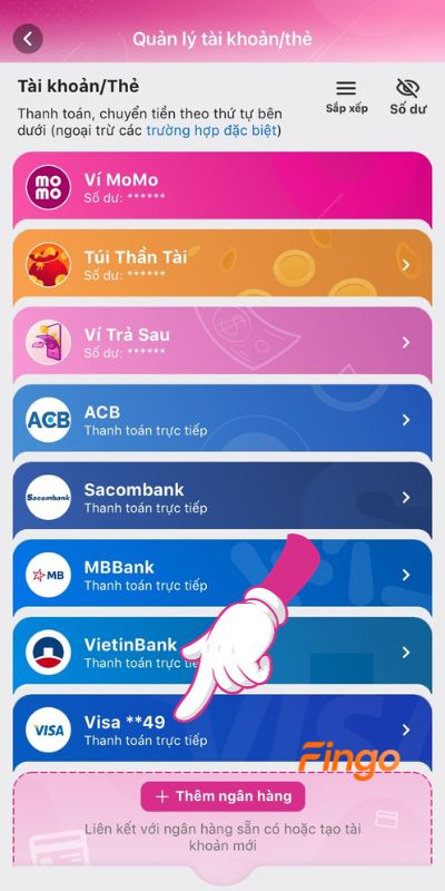Thẻ tín dụng hiển thị trên danh sách liên kết thẻ/tài khoản với ví MoMo