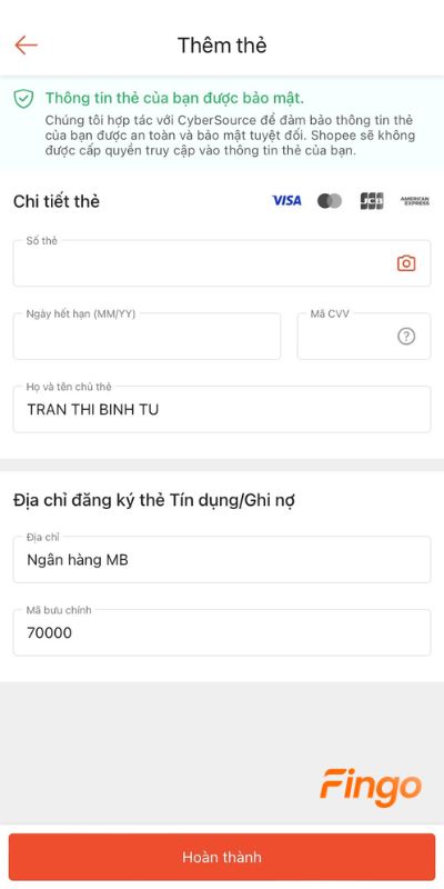Nhập thông tin của thẻ tín dụng