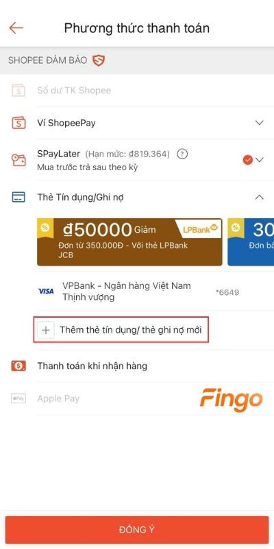 Chọn Thêm thẻ tín dụng/thẻ ghi nợ mới