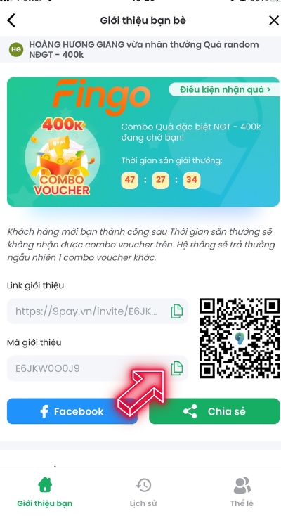 Copy link giới thiệu và mã giới thiệu