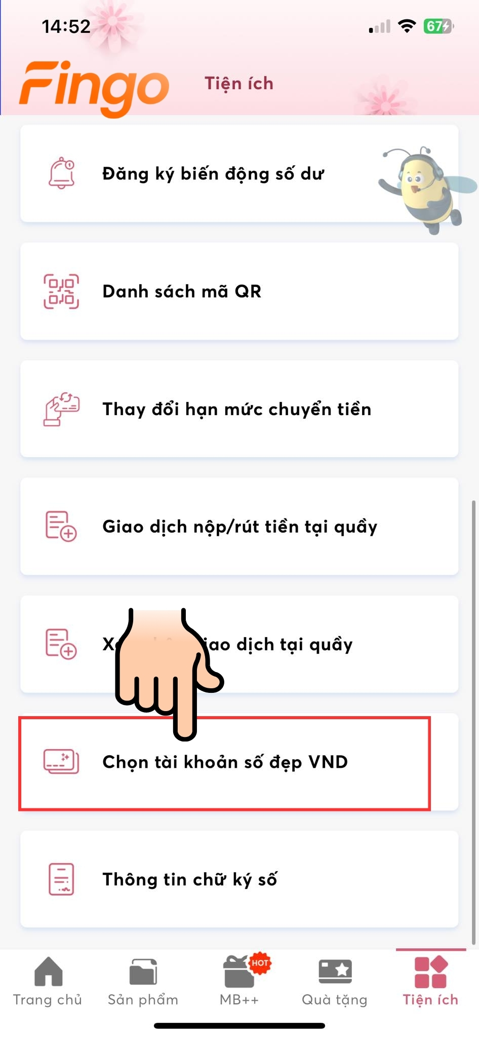 Chọn "Tiện ích" và chọn tiếp "Chọn tài khoản số đẹp VND"
