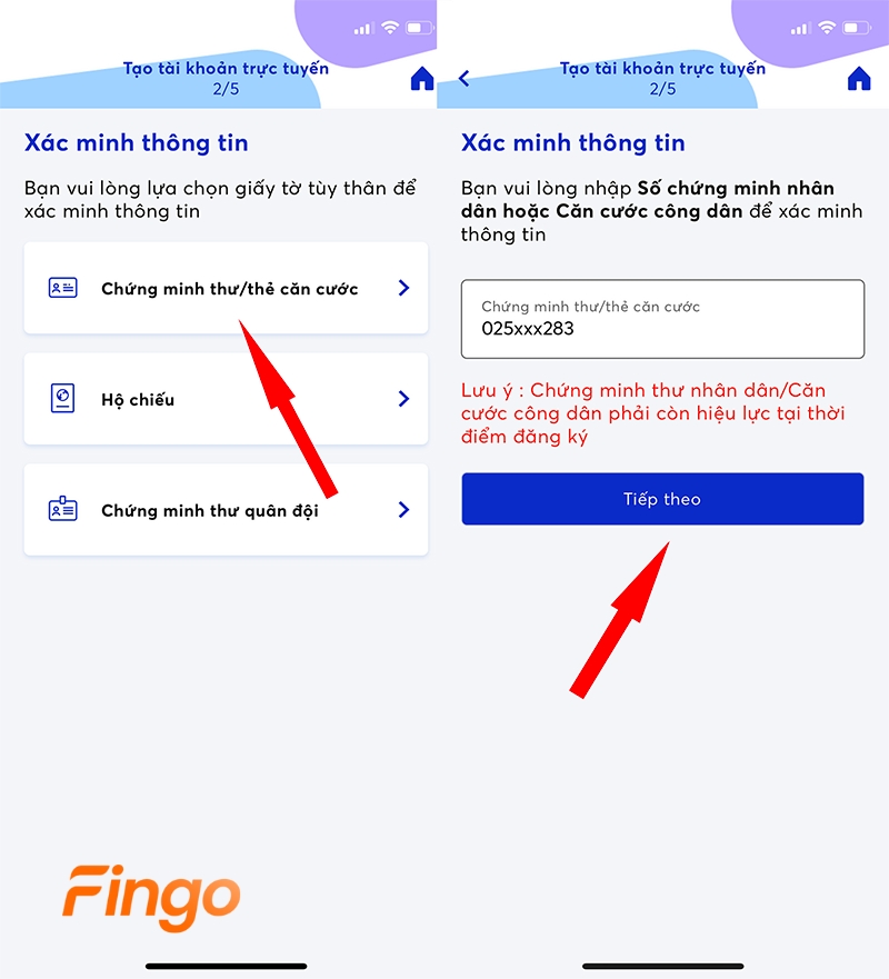 Nhập số giấy tờ tùy thân như CMND/CCCD