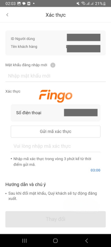 Tạo “Mật khẩu đăng nhập mới” - > Chọn “Gửi mã xác thực” - > Nhập "Mã xác thực" - > Bấm “Thay đổi”.