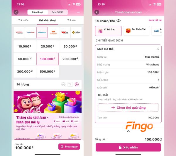 Mua card điện thoại bằng Ví trả sau MoMo