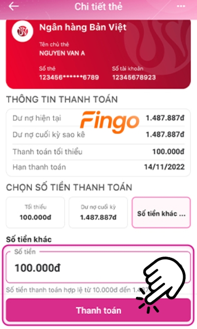 Kiểm tra thông tin và nhập số tiền cần thanh toán dư nợ