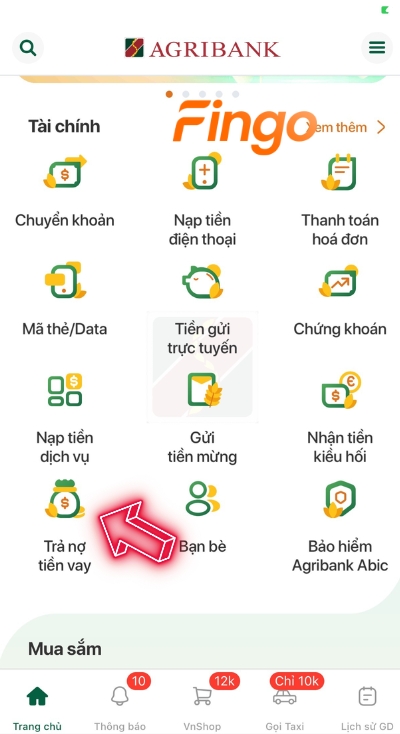 Nhấn chọn mục trả nợ tiền vay