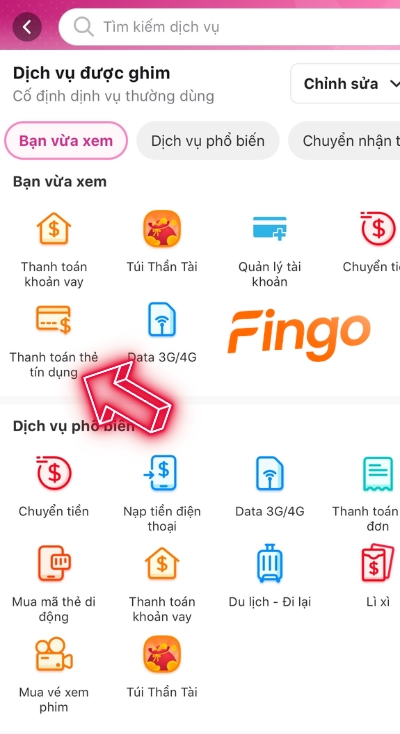 Nhấn chọn dịch vụ thanh toán thẻ tín dụng