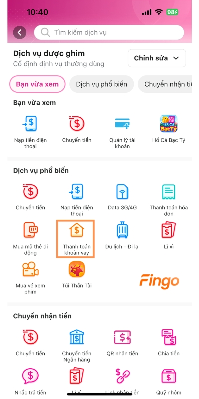 Cách thanh toán khoản vay TPBank qua MoMo bước 2