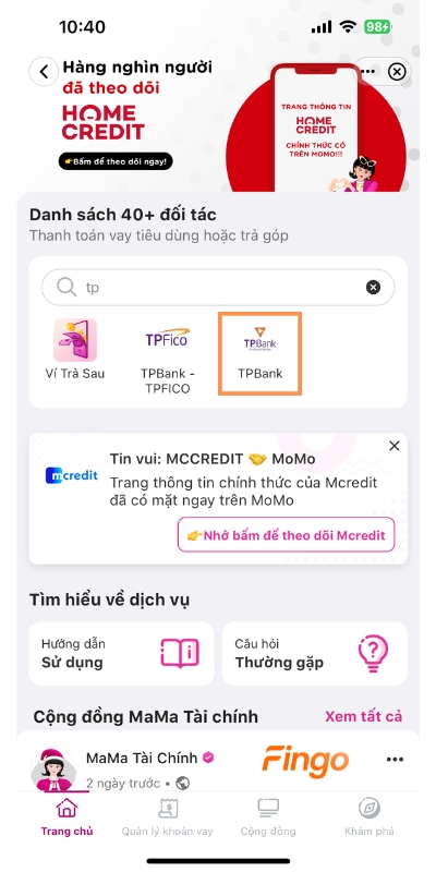 Cách thanh toán khoản vay TPBank qua MoMo bước 3