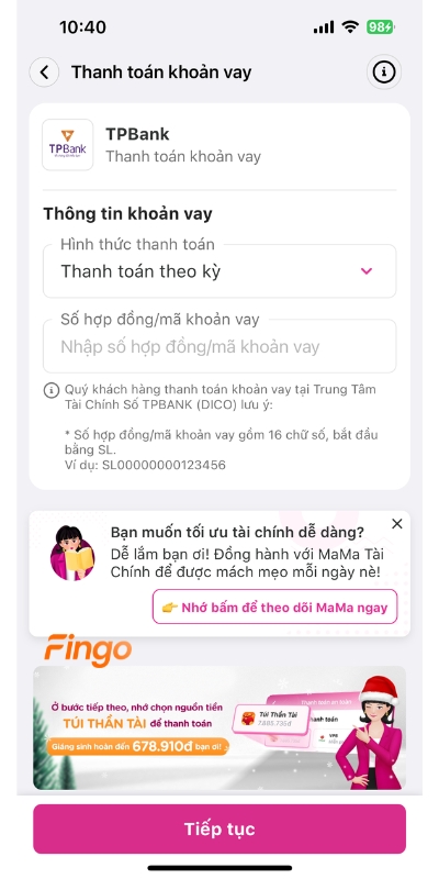 Cách thanh toán khoản vay TPBank qua MoMo bước 4