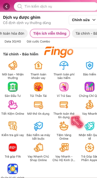 Nhấn chọn mục thanh toán thẻ tín dụng SHBFinance