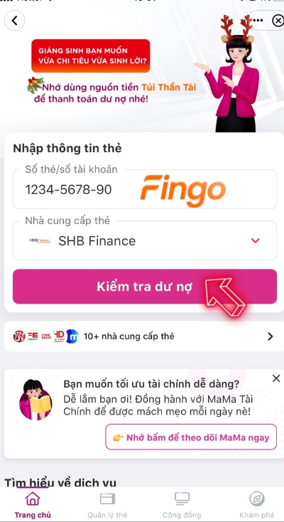 Nhập số thẻ và nhấn chọn kiểm tra dư nợ