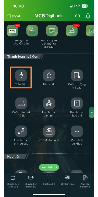 Thanh toán tiền điện qua ngân hàng Vietcombank bước 1