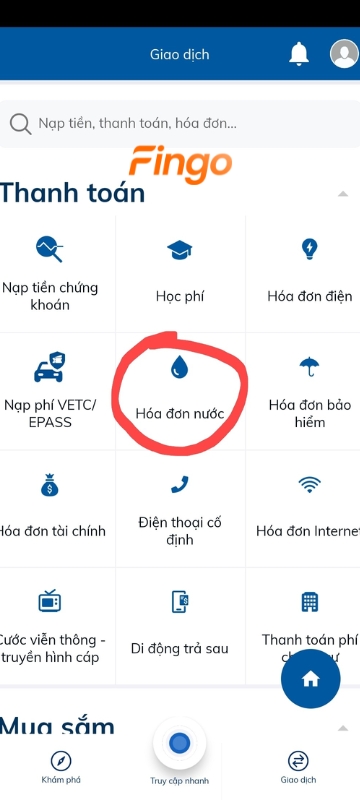 Thanh toán tiền nước qua Sacombank Pay - Bước 3: Tại danh mục "Thanh toán", khách hàng chọn "Hóa đơn nước".
