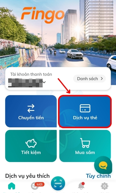 Đăng nhập ứng dụng. Tại màn hình chính, chọn Dịch vụ thẻ.