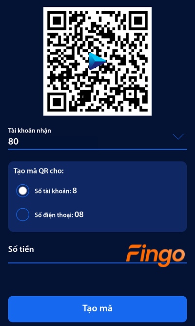 Chọn tài khoản nhận và số tiền cần nhận. Chọn Tạo mã