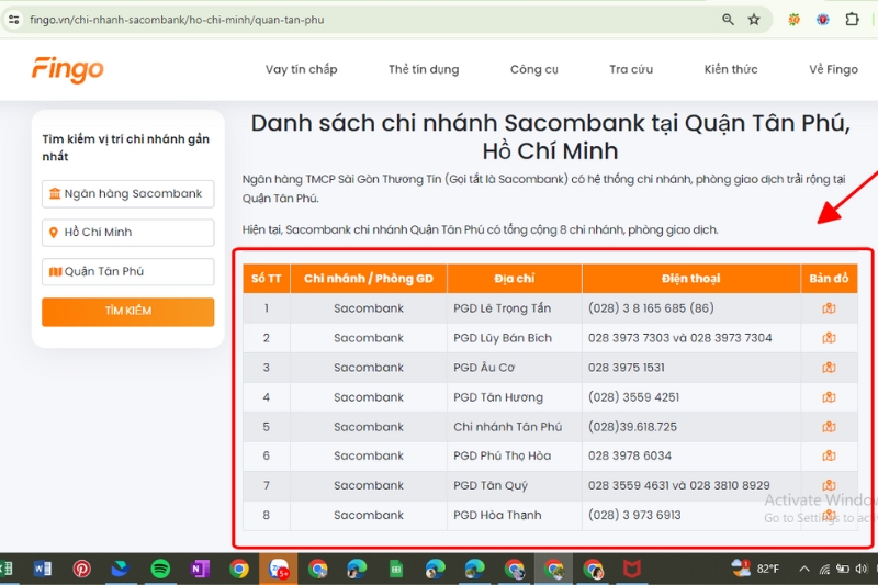 Giao diện hiển thị danh sách chi nhánh Sacombank.