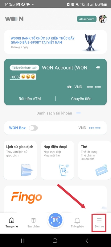 Chọn "Dịch vụ".