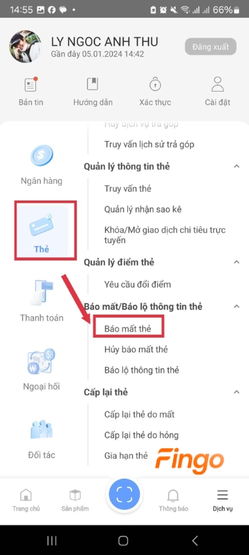 "Báo mất/ báo lộ thông tin thẻ" > Chọn "Báo mất thẻ".