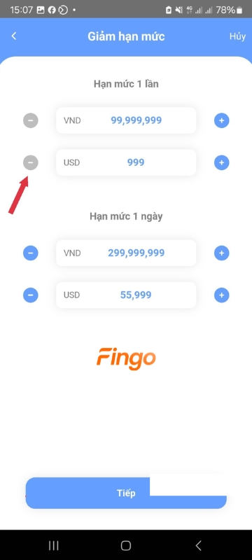 Nhấp vào dấu trừ (-) hoặc nhập hạn mức giao dịch theo mong muốn 