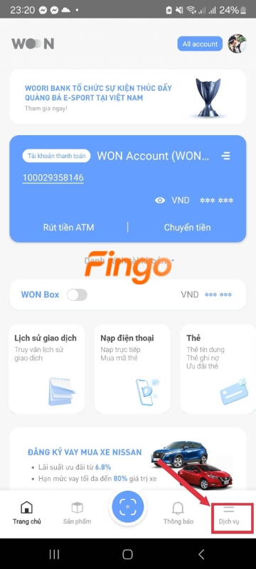  Tại giao diện ứng dụng, chọn "Dịch vụ". 