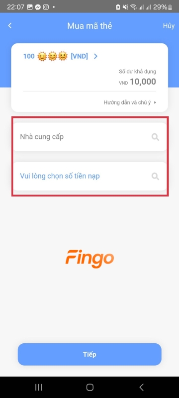 Chọn nhà mạng và số tiền