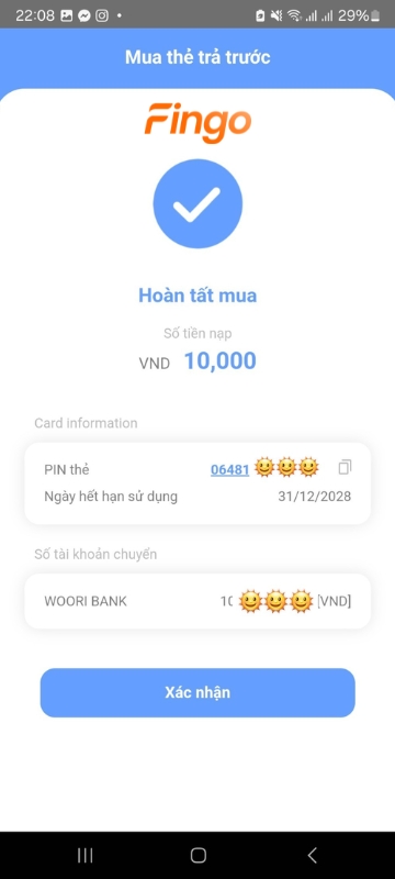 Chọn "Xác nhận", nhập mã PIN để nhận mã thẻ