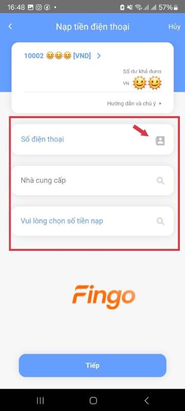 Nhập số điện thoại muốn nạp tiền hoặc chọn biểu tượng danh bạ để chọn số điện thoại nạp vào.