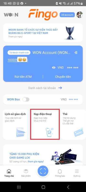 Chọn mục "Nạp tiền điện thoại" hoặc chọn "Dịch vụ" tại biểu tượng ba gạch ☰.