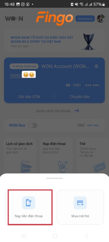 Chọn "Nạp tiền điện thoại".