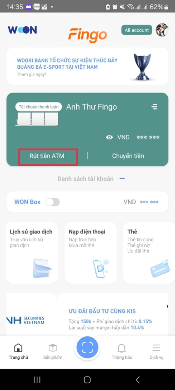 Tại giao diện, chọn "Rút tiền ATM"