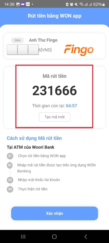 Giao diện hiển thị mã rút tiền hoặc có thể "Tạo mã rút tiền" mới.