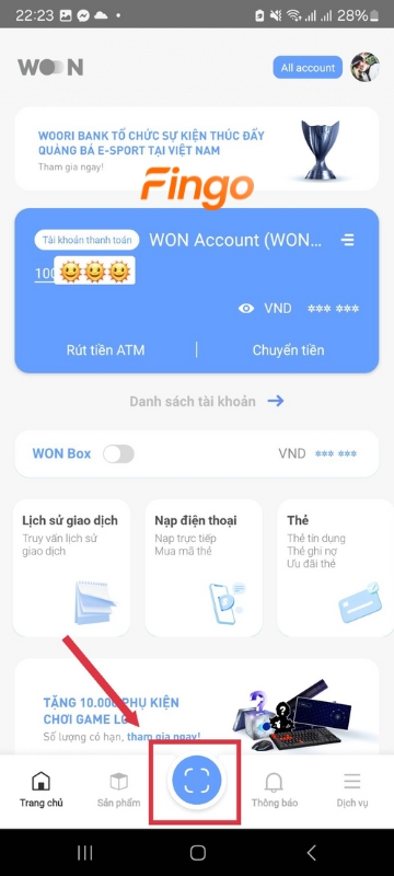 Tại giao diện ứng dụng, bấm vào biểu tượng "Mã QR" ở giữa.