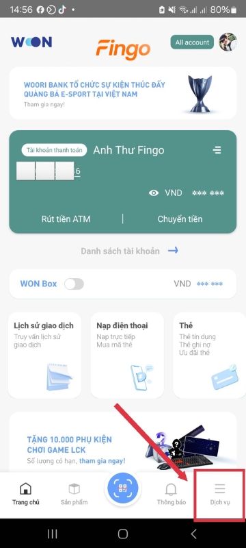 Chọn "Dịch vụ"