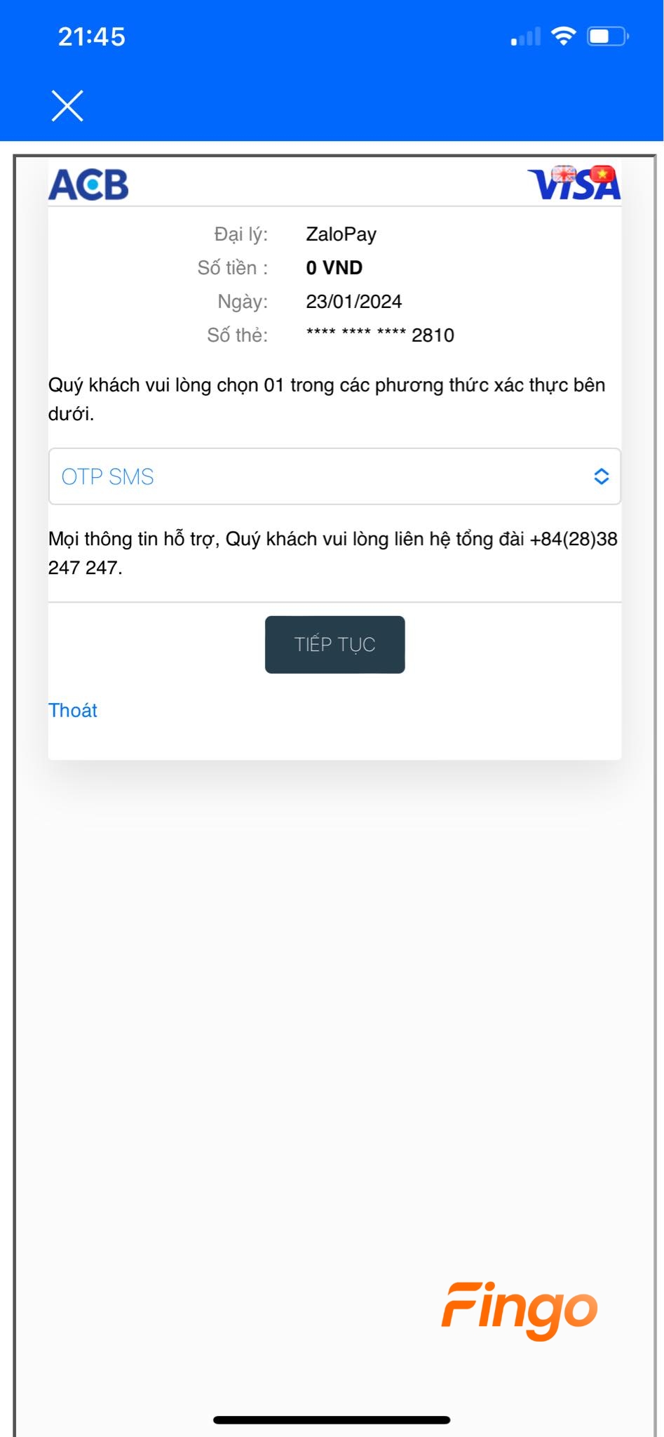 Chọn phương thức xác thực OTP SMS/ ACB Safekey để liên kết