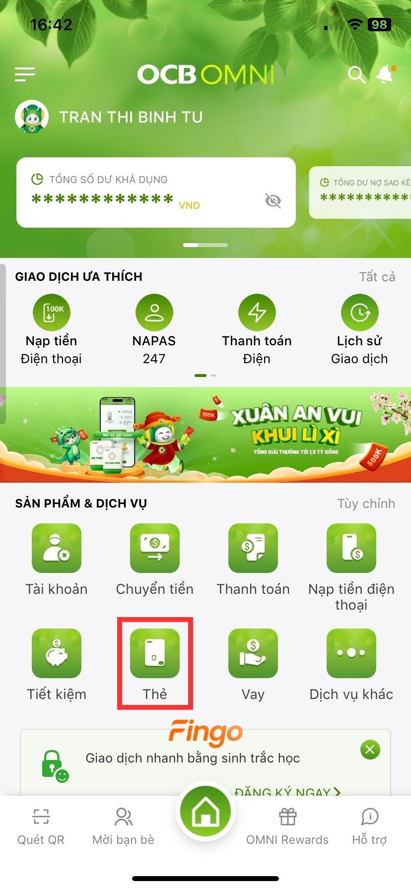 Truy cập trang chủ của OCB và chọn mục "Thẻ".