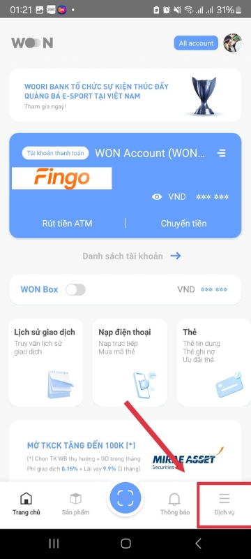Chọn "Dịch vụ" ở góc phải màn hình.