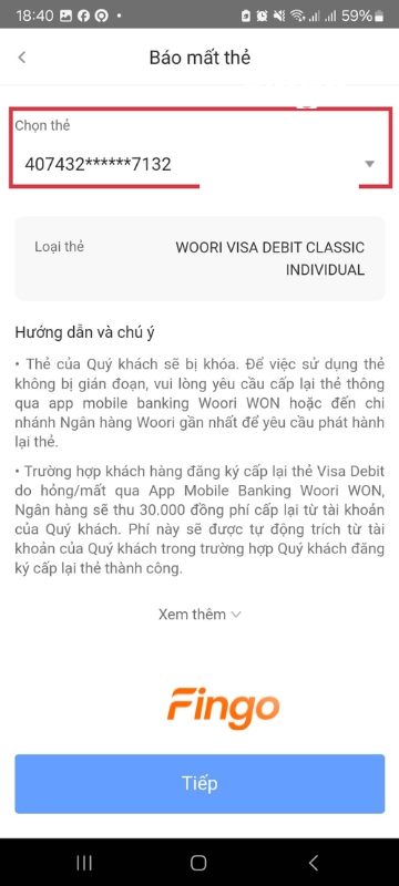  Tiến hành chọn thẻ cần khóa và nhấn "Tiếp" 