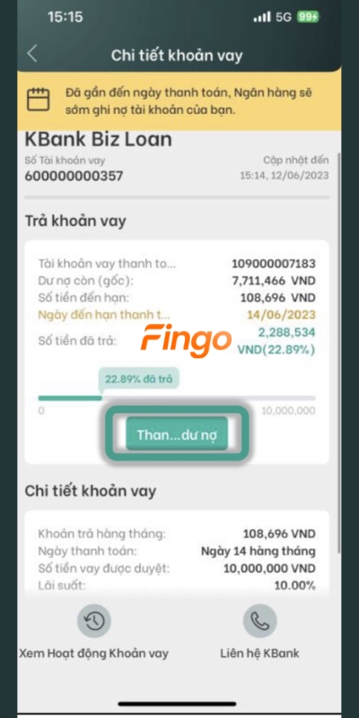 Xem chi tiết khoản vay và chọn "Thanh toán dư nợ"