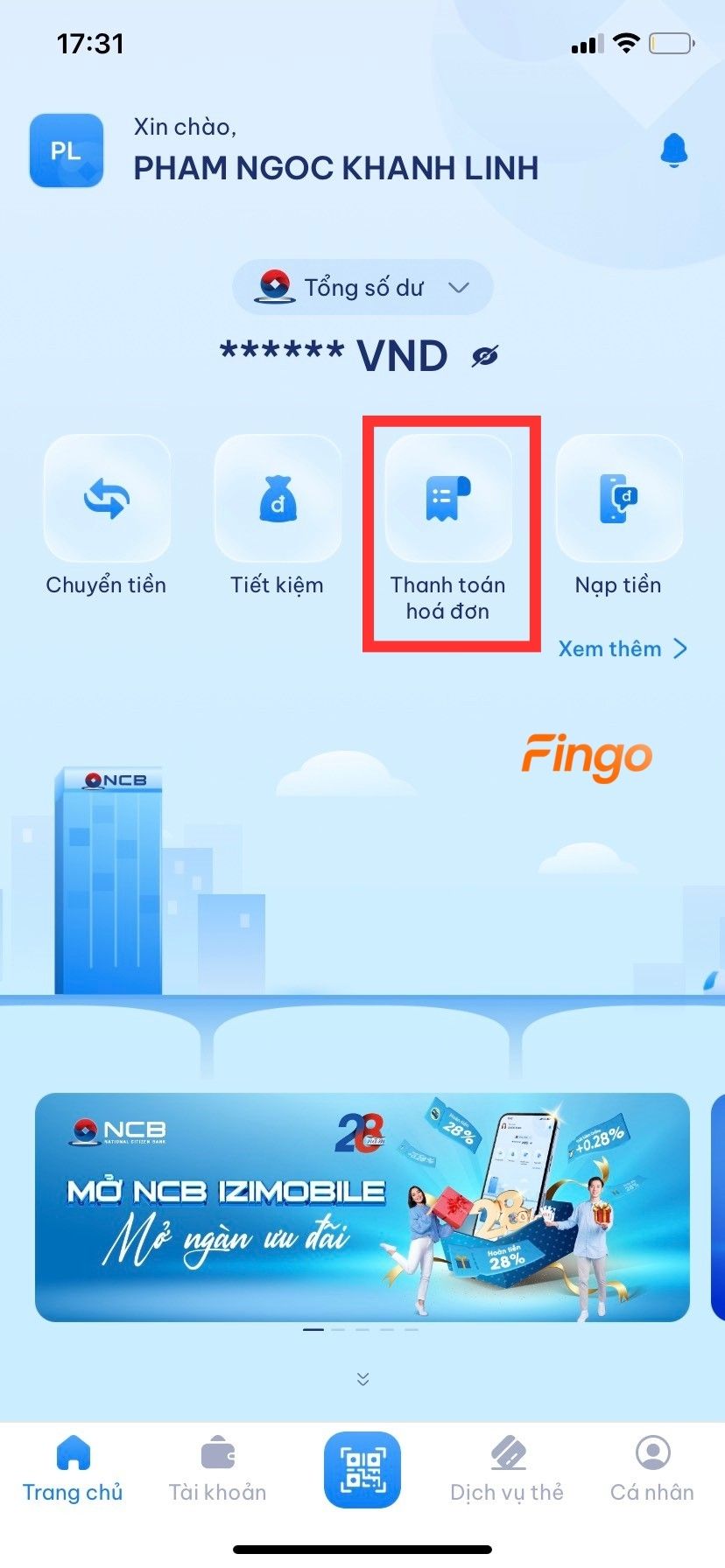 Chọn mục "Thanh toán hóa đơn".