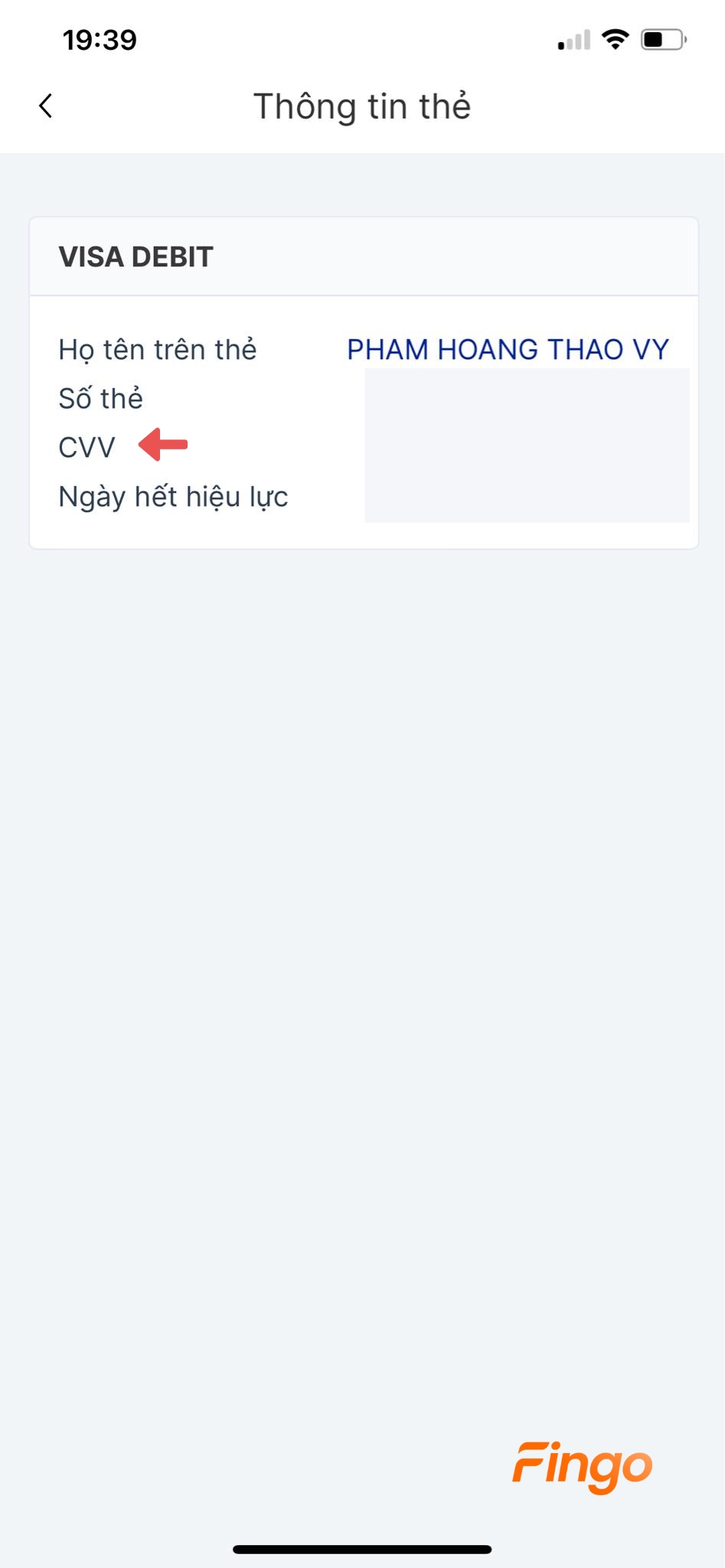 Thông tin thẻ sẽ hiển thị tại đây bao gồm mã CVV ACB