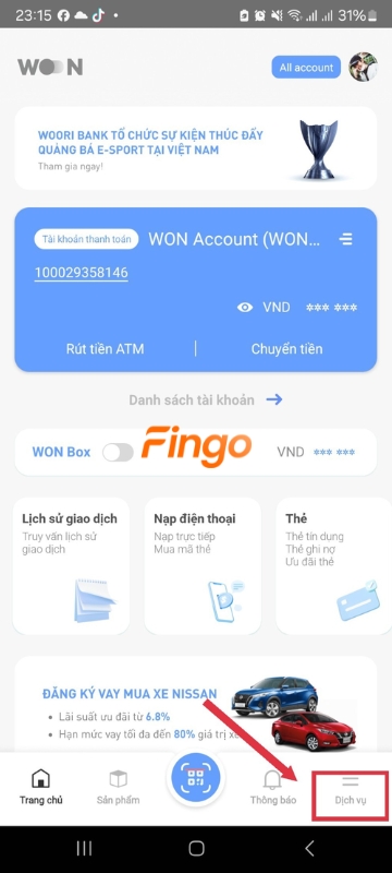 Chọn "Dịch vụ" ở góc phải màn hình.
