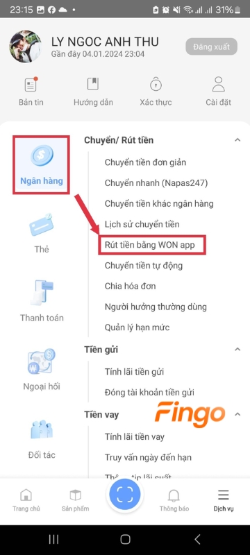 chọn "Rút tiền bằng WON app".