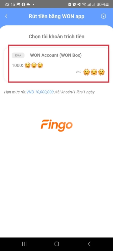 Chọn "Tài khoản trích tiền" và nhập mã PIN