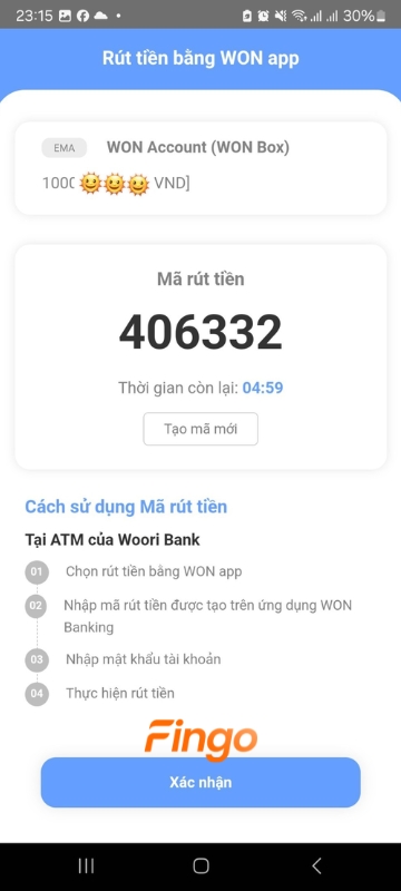 Mã rút tiền Woori Bank hiển thị 