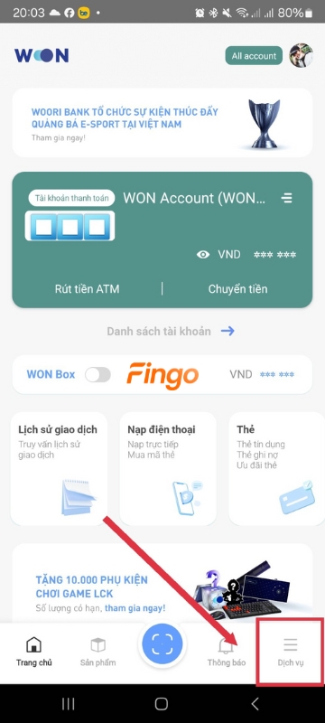 Chọn mục “Dịch vụ”