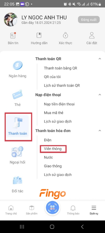 Chọn mục “Thanh toán hóa đơn” trong phần “Thanh toán” sau đó chọn “Viễn thông”