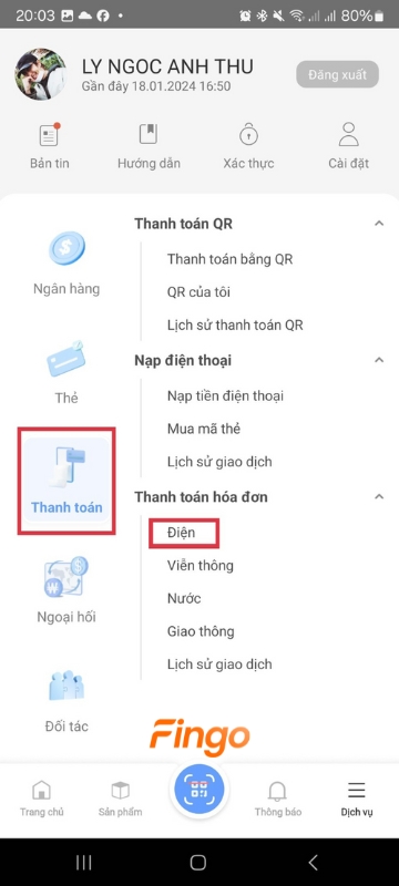  Tại mục "Thanh toán" >  "Thanh toán hóa đơn" chọn "Điện".