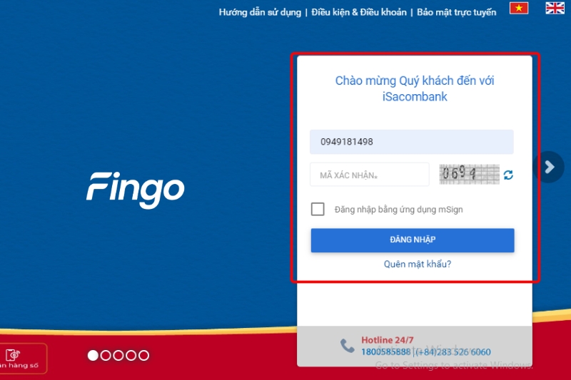 Truy cập và đăng nhập Internet Banking.